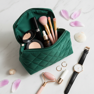 Makeup bag flatlay