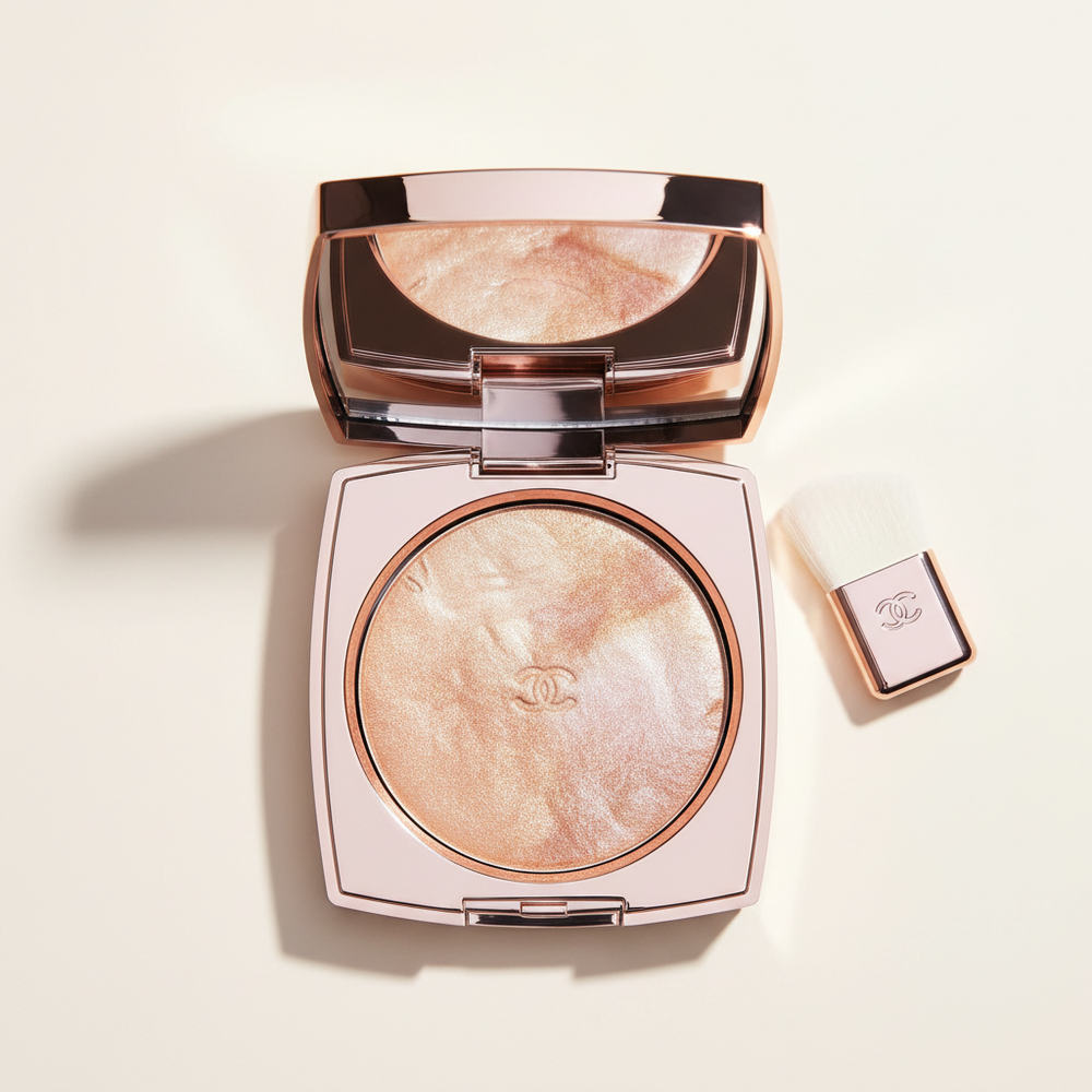 Highlighter compact open shimmer pan flat lay